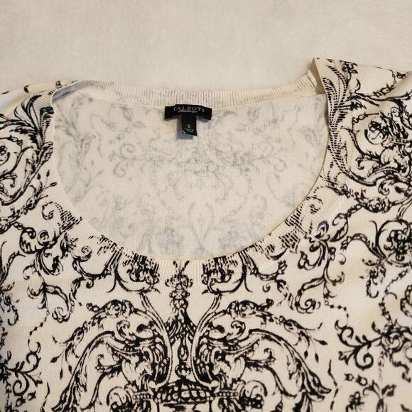 Talbots Womens 3/4 Sleeve Scoop Neck Black and White Floral Print Sweater Size S - Picture 7 of 8
